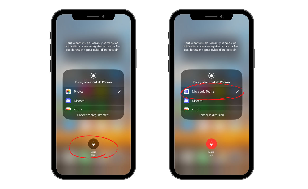 vue écran enregistrement ecran, activation micro iPhone